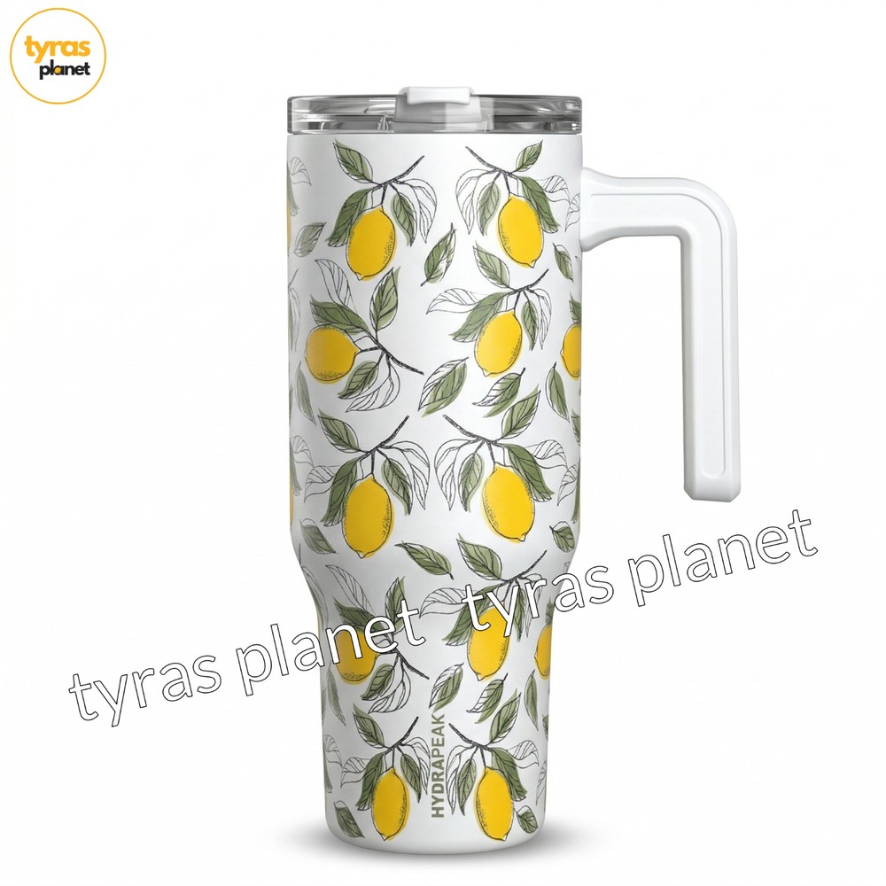 Hydrapeak 40oz Stainless Steel Tumbler Handle Yellow Lemon Floral Straw Lid
